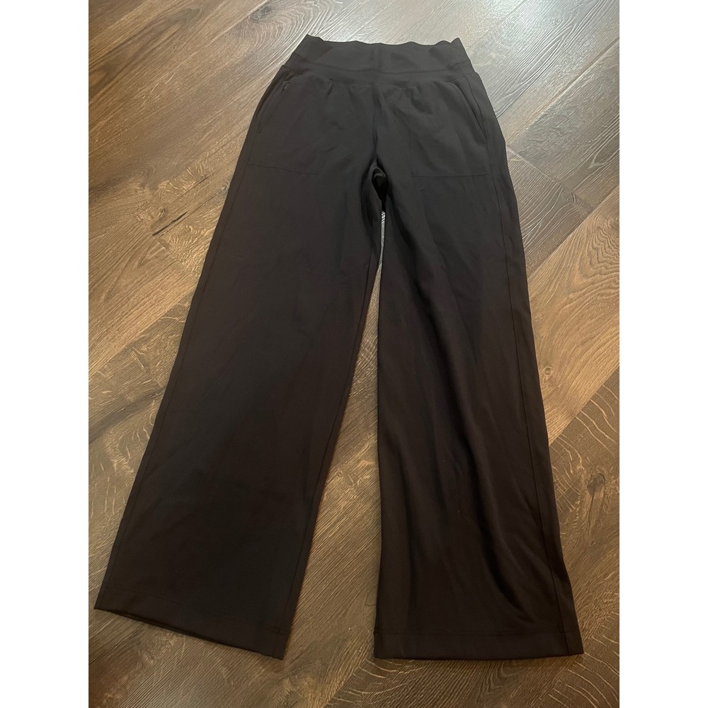 Athleta Womens Black Wide Leg Performance Travel Pants XS Pockets Ribbed Waist